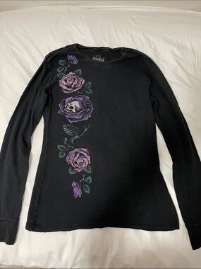Sinful Black Long Sleeve Top with Purple Rose and Skull Graphic